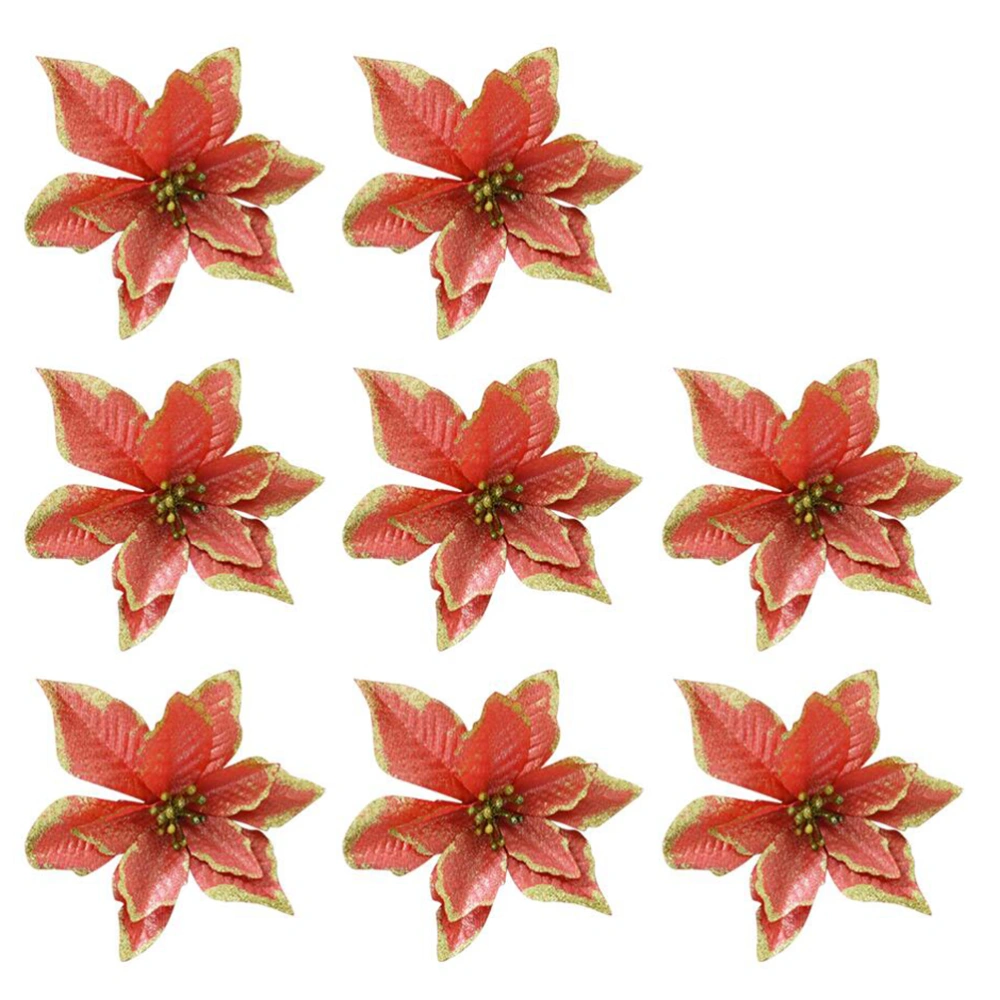 10pcs 13cm Glitter Artificial Wedding Christmas Flowers XMAS Tree Wreaths Decor Ornament (Red)