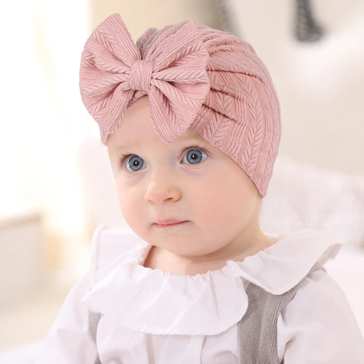 Baby Beanie Cap Solid Color Wheat Pattern Bow Hat