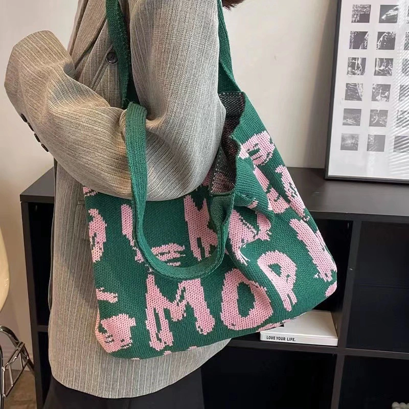Letter Printed Knit Bag Fashion Shopping Shoulder Bag Large Capacity Handbag