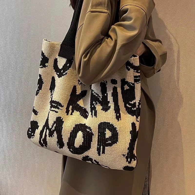 Letter Printed Knit Bag Fashion Shopping Shoulder Bag Large Capacity Handbag