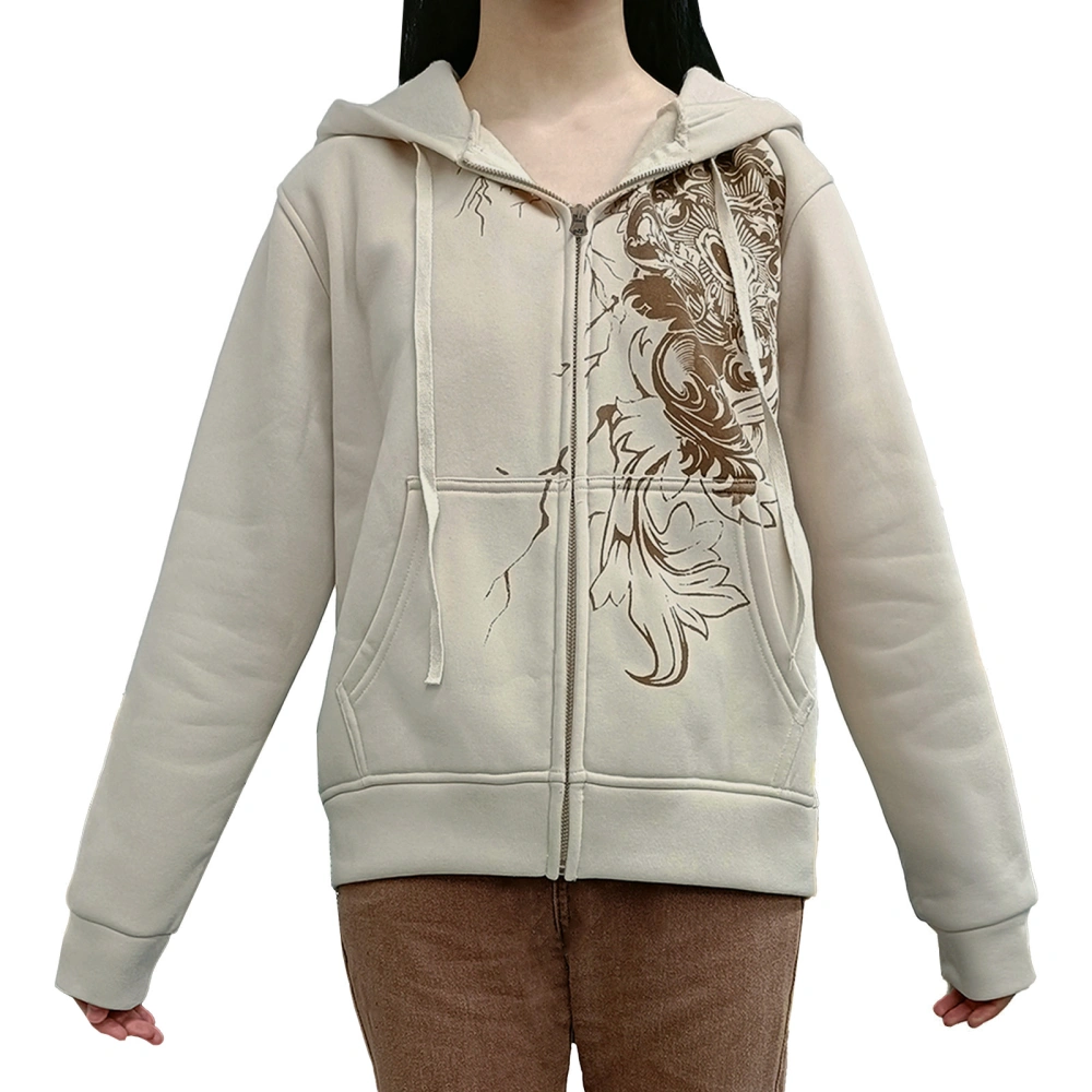 Women Hoodie, Vintage Long Sleeve Graphic Print Zipper Closure Sweatshirt with Pockets