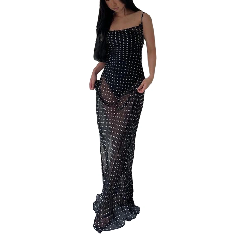 Women's Bodycon Long Dress Spaghetti Strap Cowl Neck Dots Print Dress