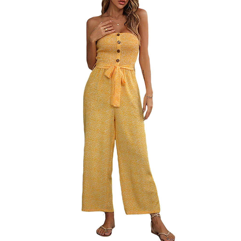 Women Romper, Sleeveless Off Shoulder Wrap Chest Waist Belt Side Pockets Print Long Loose Pants