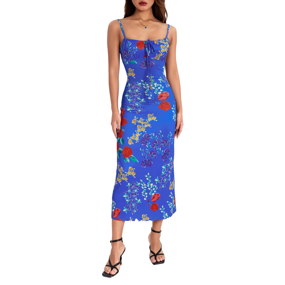 Women's Summer Long Beach Dress Sleeveless Backless Boho Floral Spaghetti Strap Dress