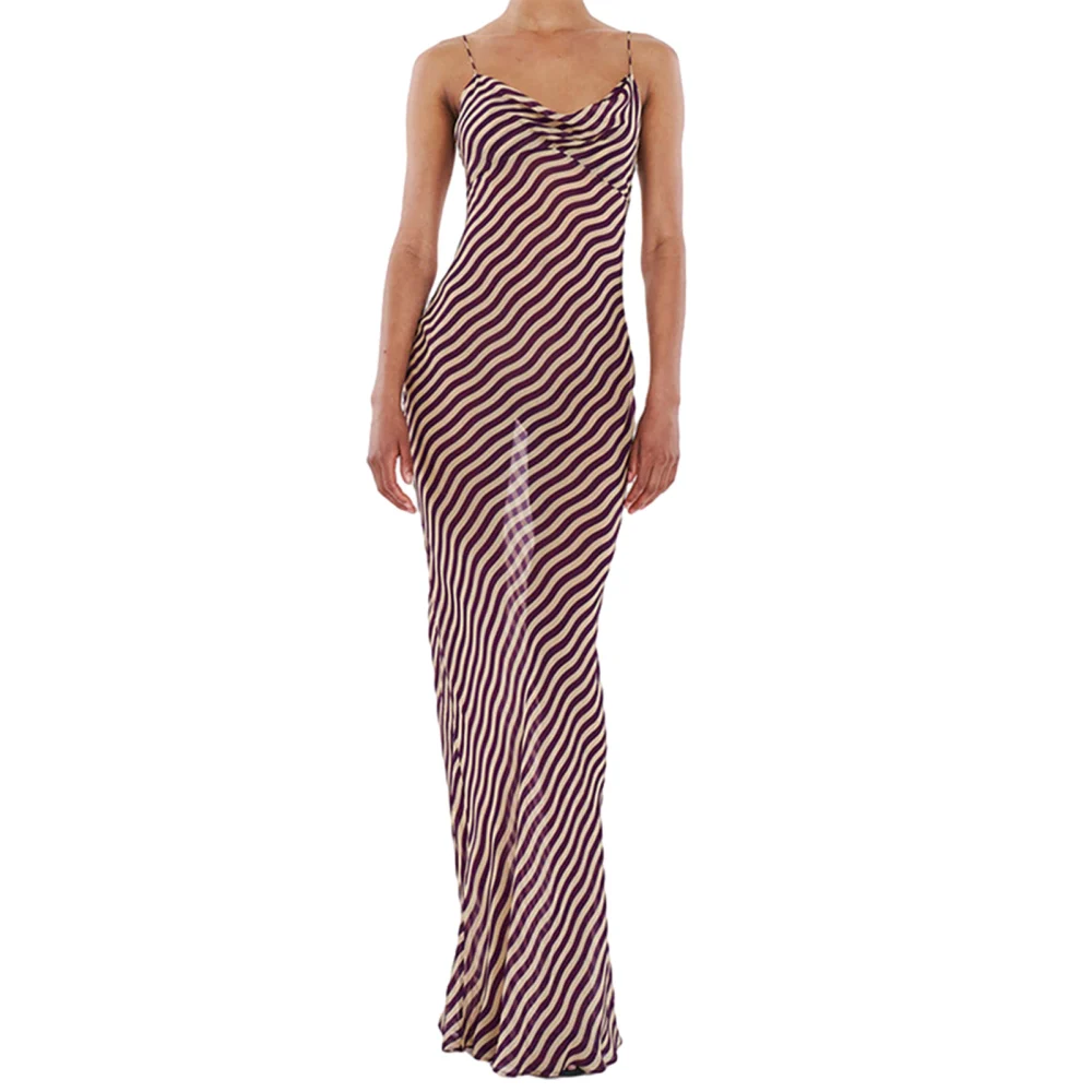 Women Slip Dress, Spaghetti Straps Draped Neck Backless Striped Summer Long Dress Cocktail Dress