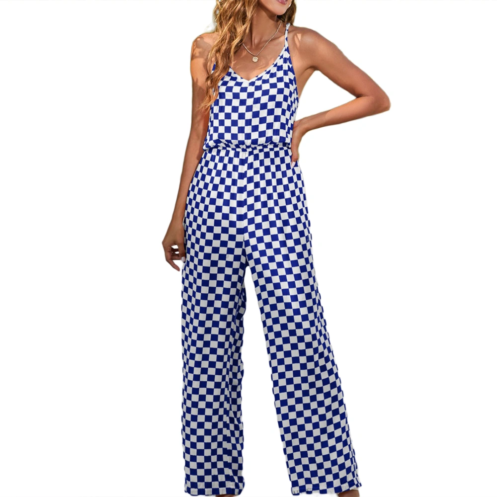 Women Sleeveless Jumpsuit Checkerboard Print Wide Leg Pants Rompers 