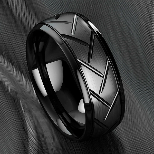 8mm Domed Black Tungsten Ring Surface Brushed Diagonal Wedding Band Luxury Men Jewelry Accessories