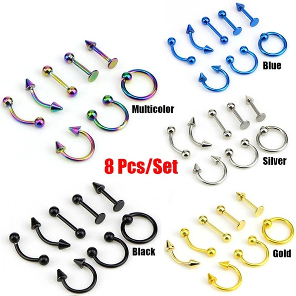 New 8Pcs Lot Stainless Steel Fashion 16G Titanium Anodized Body Jewelry Helix Piercing Ear Eyebrow Nose Lip Captive Rings