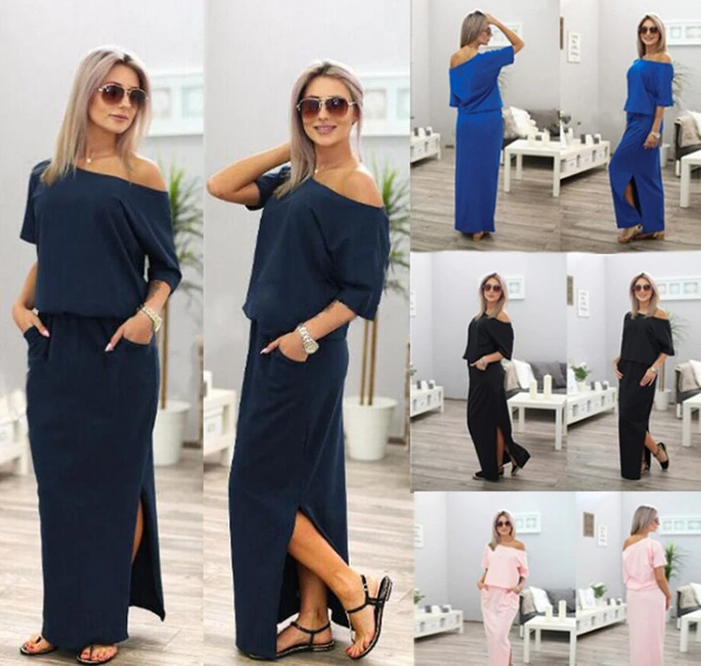 Women Boho Short Sleeve Side Slit Loose Evening Dress Party Long Beach Dress Maxi Dress