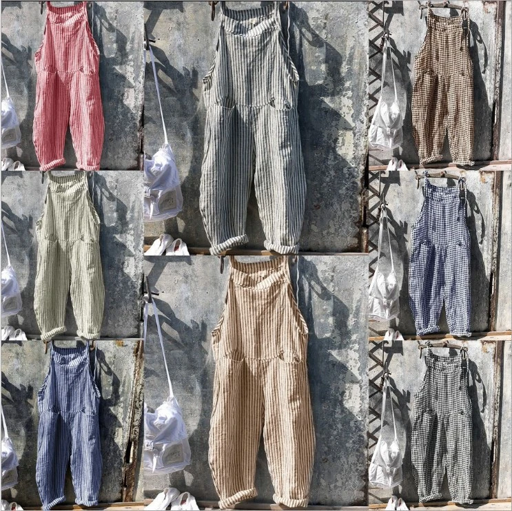 New Fashion Women Casual Sleeveless Jumpsuit Striped Loose Long Suspender Overalls Cotton Linen Trousers Bib Pants Pockets Long Pants Plus Size