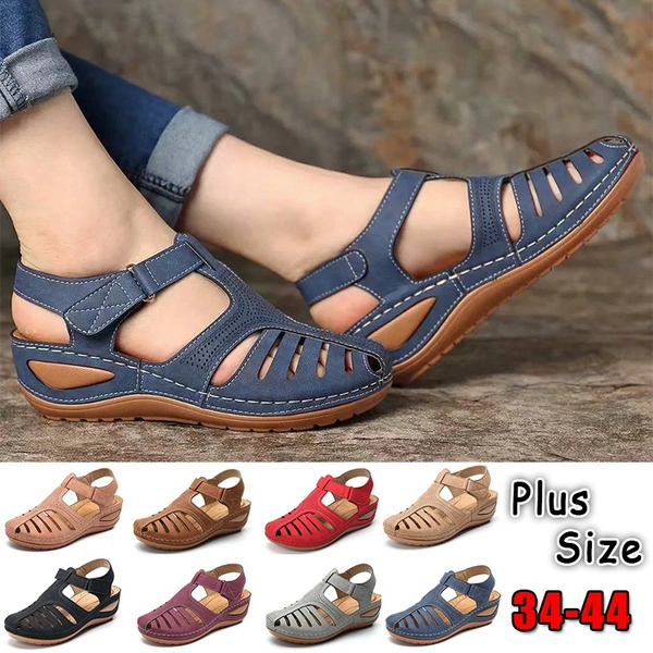 Summer Leather Ancient Shoes Daily Wear Buckle Shoes Casual Flat Women's Sandals Plus Size 35-43