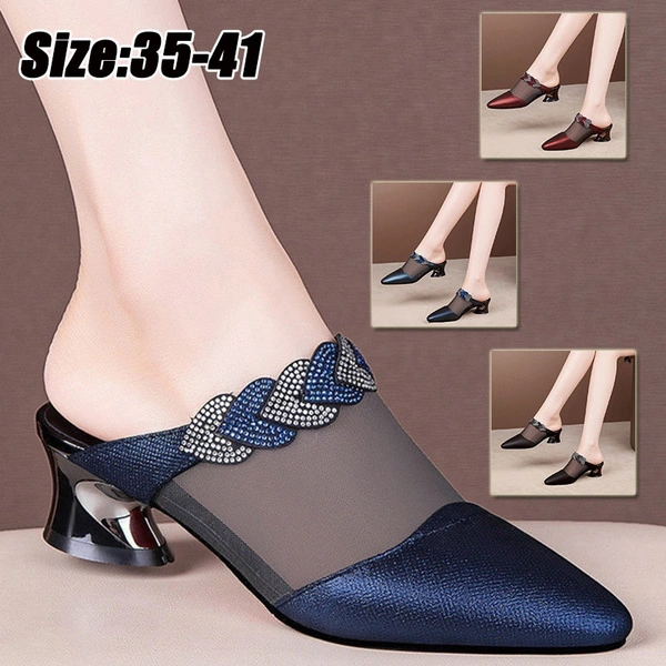 Summer New Fashion Women Pointed-toe Low Heel Slippers Ladies Mesh Sequins Sandals Plus Size