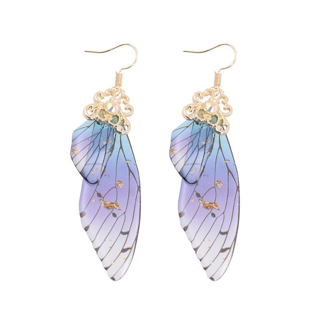 1 Pair Creative Wings Earrings Imitation Cicada's Wings Eardrops Fashion Personality Animal Design Ear Jewelry for Women Ladies (Gold Foil Blue)