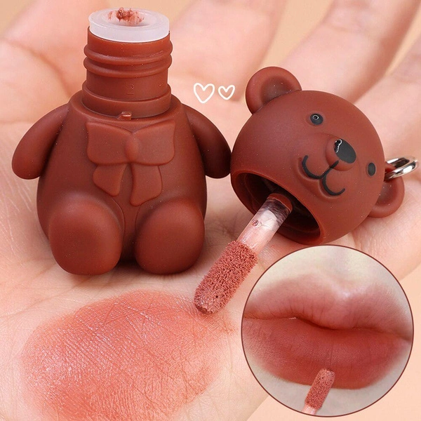 Cute Bear Keychain Lip Mud Matte Velvet Mousse Grey Pink Lipstick Waterproof Long Lasting Non-Stick Cup LipGloss Korean Cosmetic