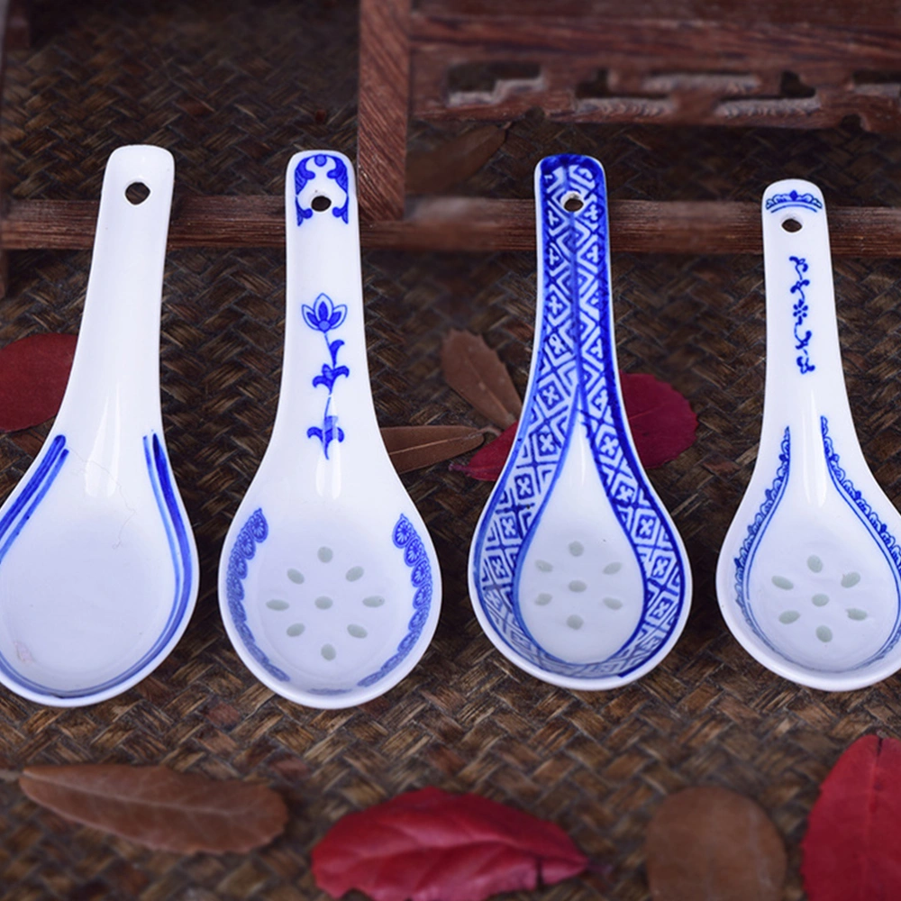 5pcs Portable Ceramic Spoon Multi-function Chinese Style Scoop Porridge Spoon Tableware Soup Spoon for Home Restaurant