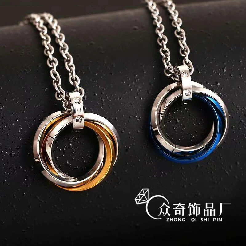 Stainless steel three-ring necklace simple and non-fading men's hip-hop style titanium steel diamond pendant jewelry