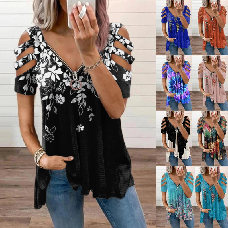 New Fashion Women's Floral Printed Short Sleeve Lace V-neck Casual Elegant Top Loose Plus Size Soft and Comfortable Thin Bottoming Shirt S-5XL