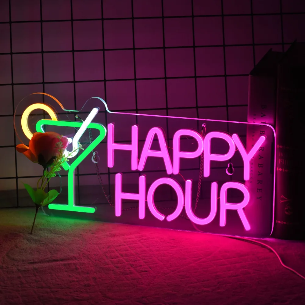 Cocktails Happy Hour Neon Sign for wall décor with Dimmable Switch LED Neon Signs Bedroom Beer Bar Neon Light Sign Hotel Party Club Office Art Lights