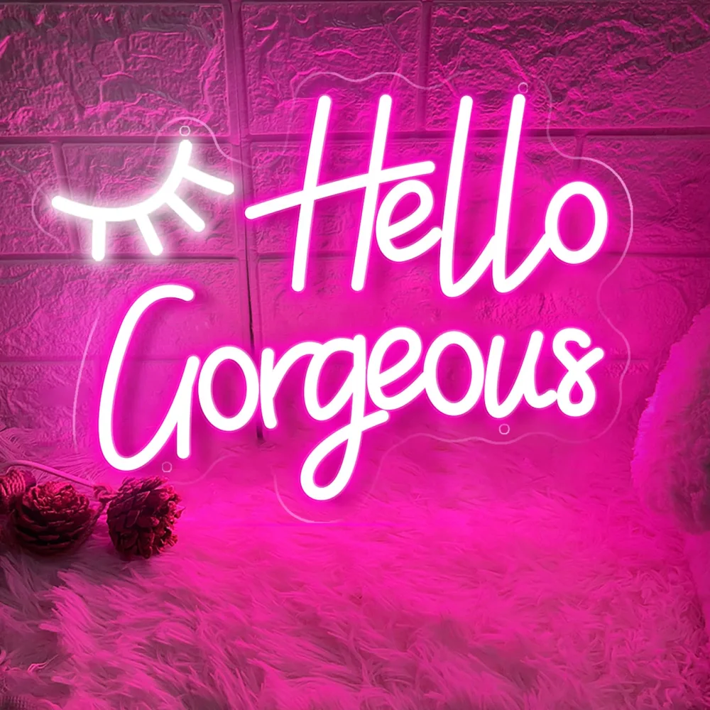 Hello Gorgeous Neon Sign for Wall Decor, Pink Neon Lights Sign with Eyelashes for Bedroom, LED Neon Sign USB Powered Studio Dorm Party Decoration, 16''x12''