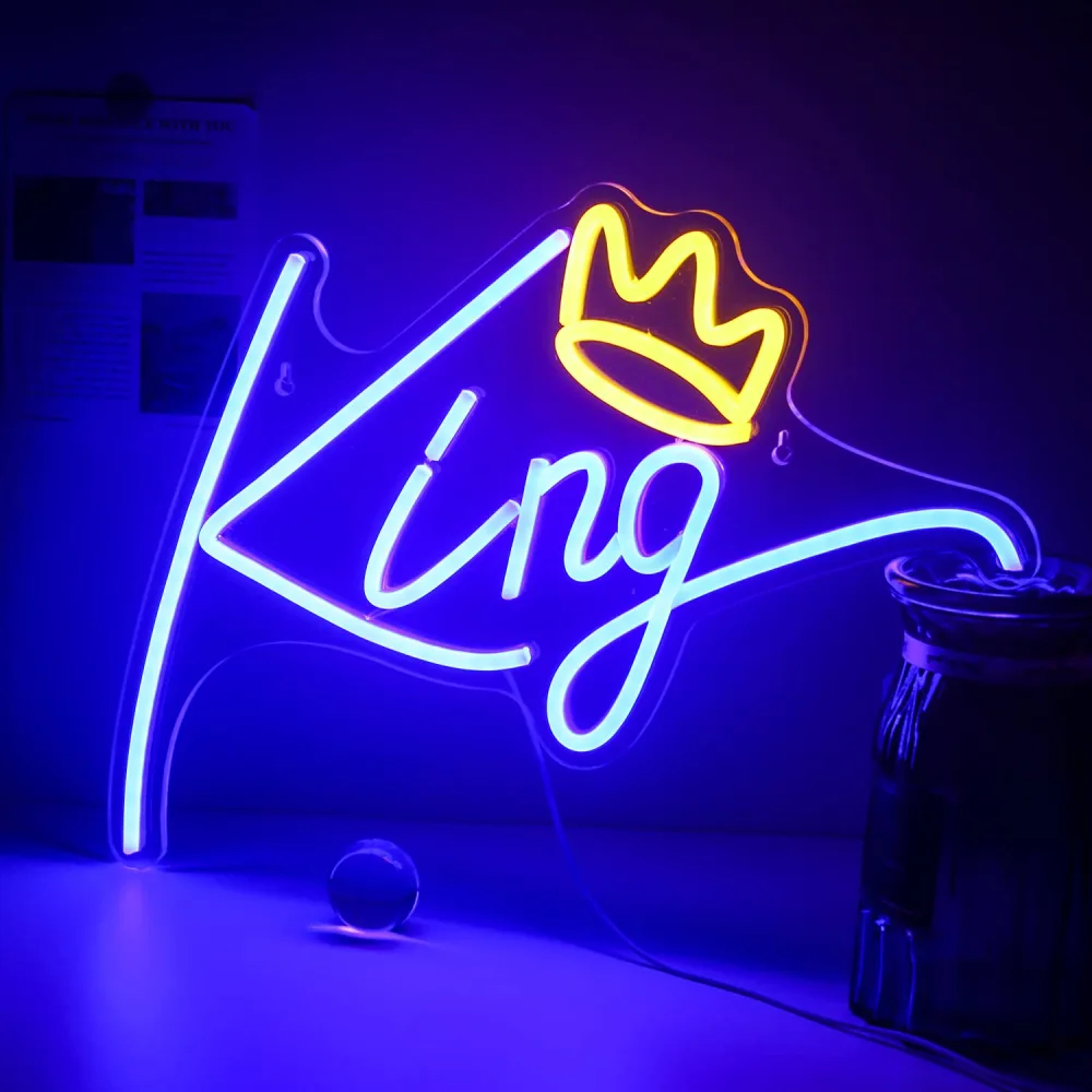 King Neon Sign Blue Letters Led Neon Light Pink Crown Led Neon Signs Wall Decorative Lights for Bedroom Kids Room Teen Boys Room Birthday Wedding Party Bar Decor with USB Power