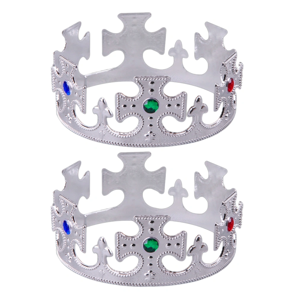 2 Pcs Halloween Party Silver King Crown Plastic Plating Queen Crown Antique Royal Medieval Crown Cross Crown Theater Halloween Prop Birthday Party Favors