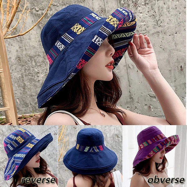 2 in 1 Fasion Hats Vintage Canvas Fisherman Hat Women Sunhat Cap Hip Hop Punk Hat Outdoor Cap for Women Bucket Hat Dagu national style foldable double-sided sun protection cloth cap