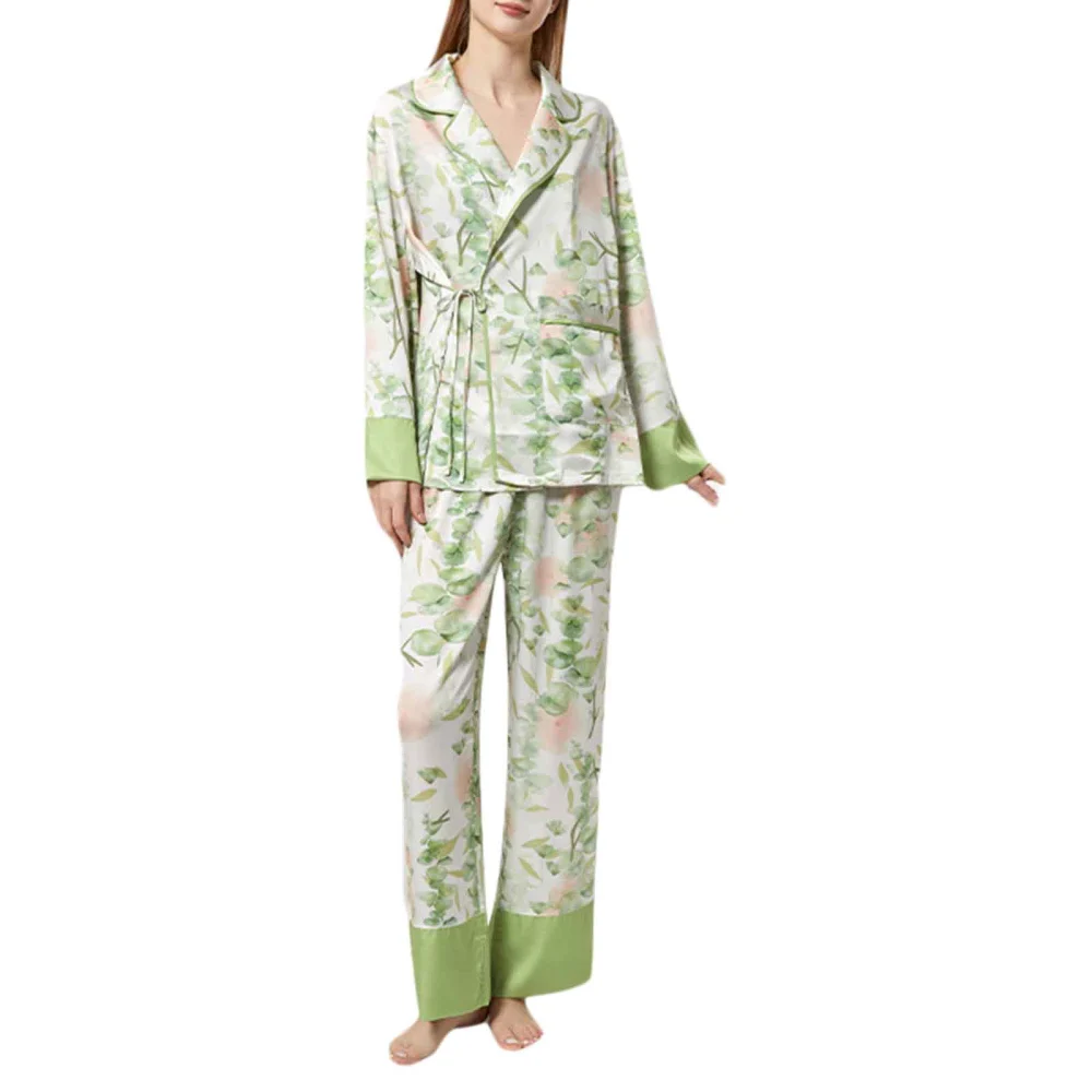 Women Pajama Set, Plant Print Long Sleeve Lapel Collar Tie-up Tops with Pants Sleepwear Loungewear