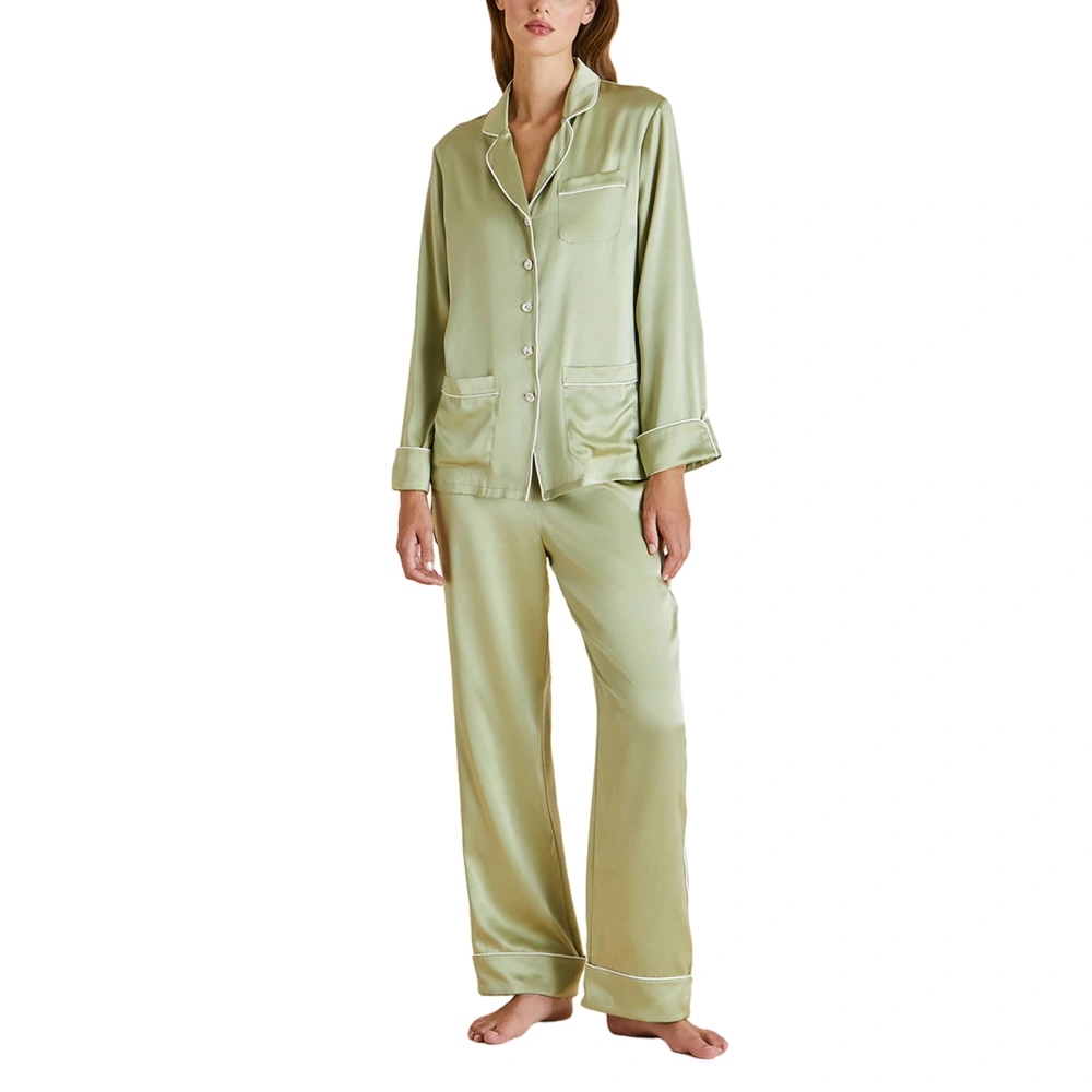 Women Satin Pajamas Set Solid Color Button Long Sleeve Shirts and Elastic Pants Loungewear Soft Sleepwear for Nightwear