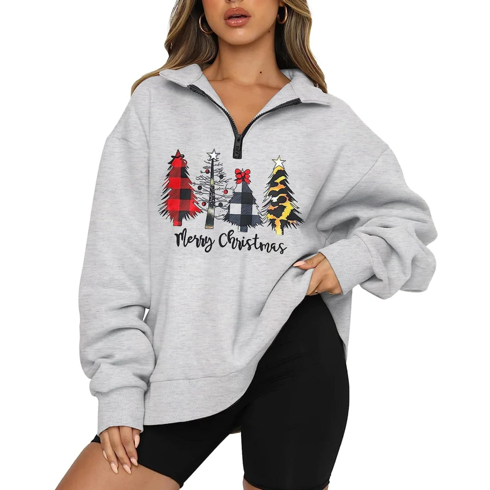 Women's Christmas Loose Pullover, Letter Cartoon Glass Cup Print Long Sleeve Quarter Zip Sweatshirt Teen Girls Clothes