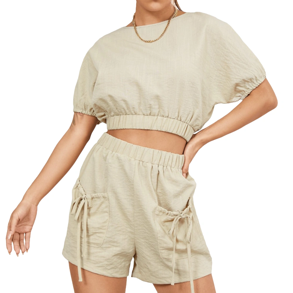 Women’s Casual 2 Piece Outfits Fashion Short Sleeve Tie Back Crop Tops + Shorts Set Loungewear