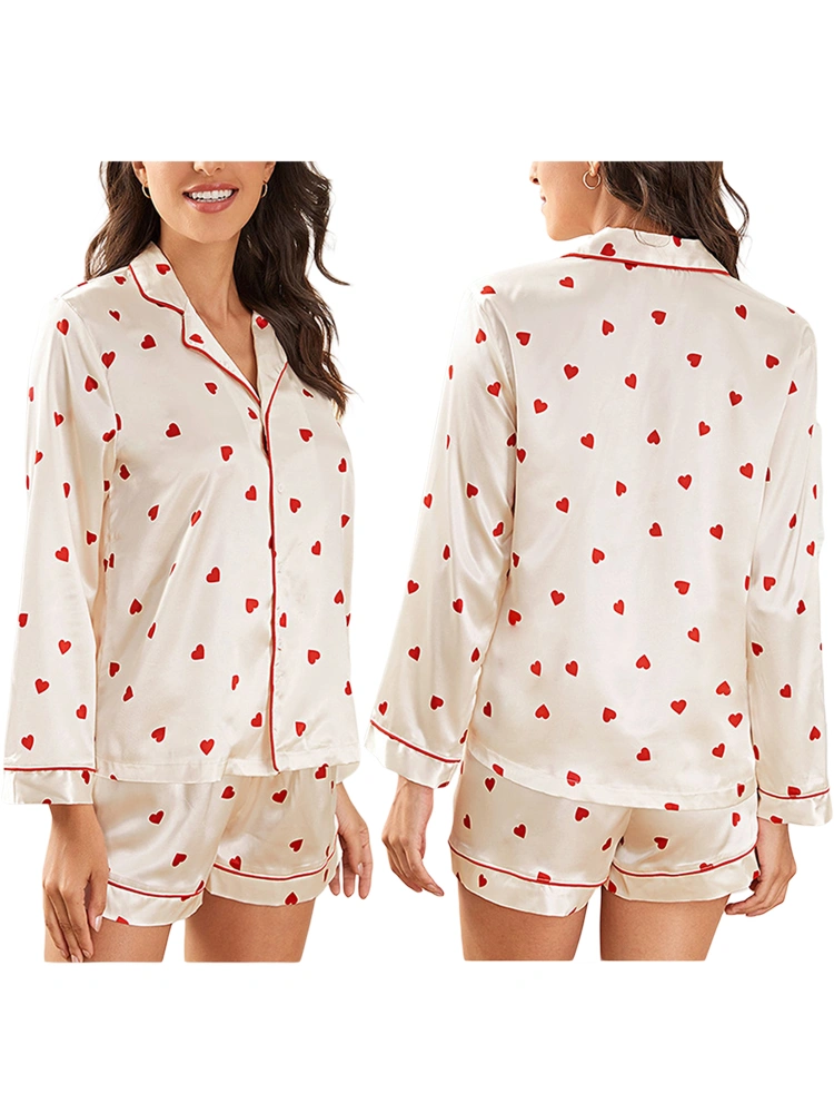 Women Pajama Set, Heart Print Long Sleeve Button Closure Shirt with Shorts Sleepwear Loungewear