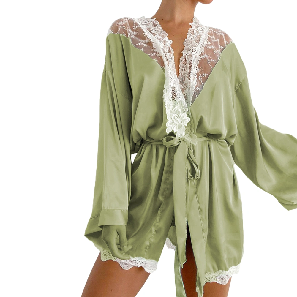 Women Robe, Long Sleeve Lace Patchwork Lightweight Sleepwear with Waist Belt Loungewear