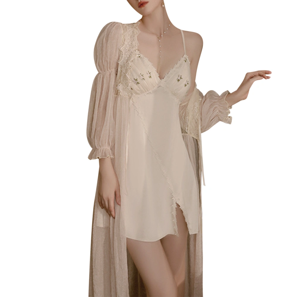 Women Sleepwear, Spaghetti Straps V-neck Flower Slit Nightdress Long Sleeve Robe