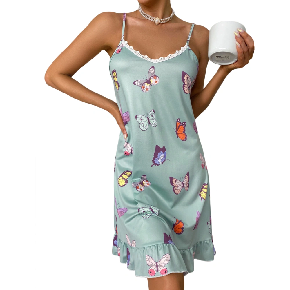 Women Night Dress Ruffled Hem Butterfly Print Sleeveless Nightgowns Summer Sleep Dress Sleepwear Pajamas