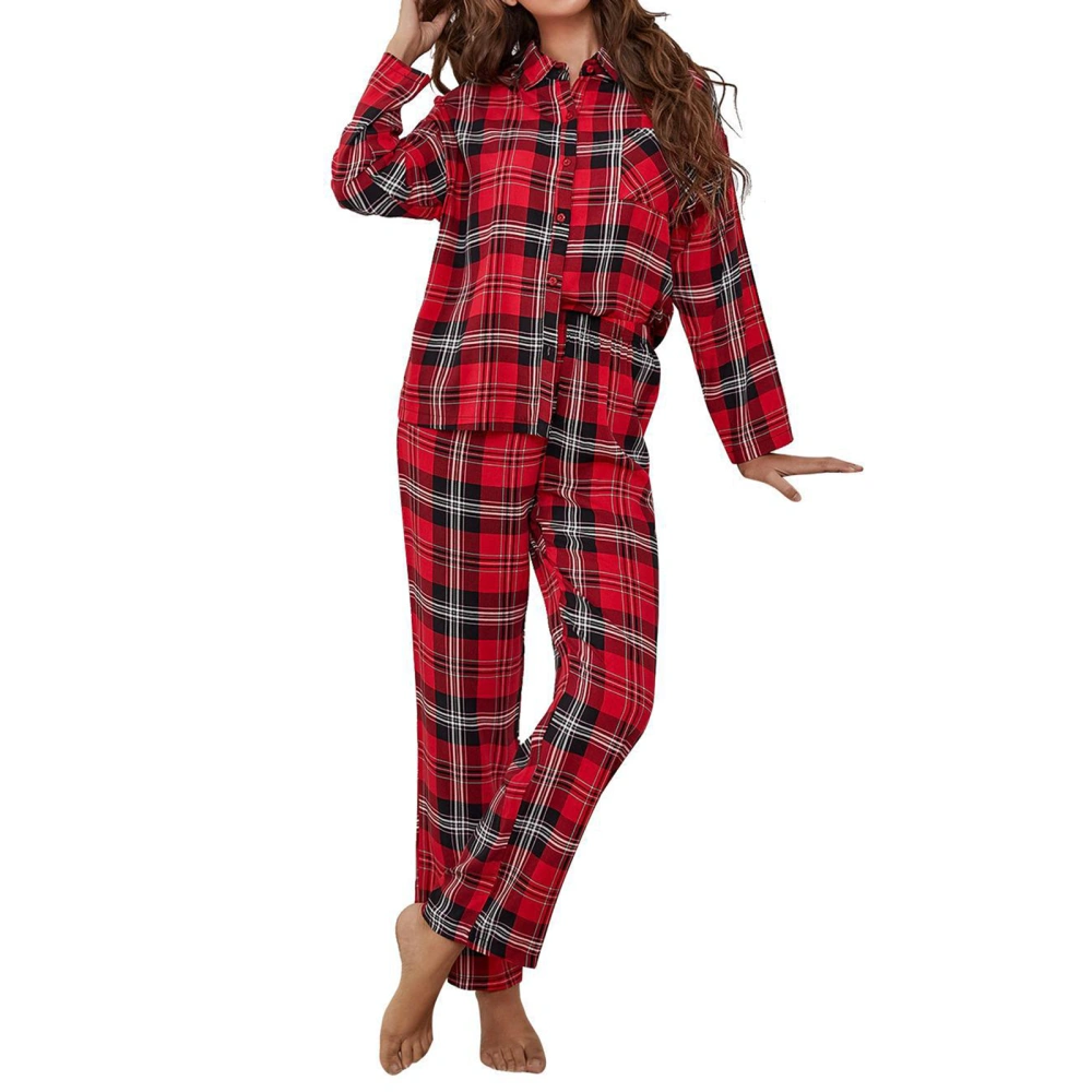 Women Pajamas Lounge Set Plaid Turn-Down Collar Long Sleeve Shirts Tops and Pants 2 Piece Loungewear Outfits