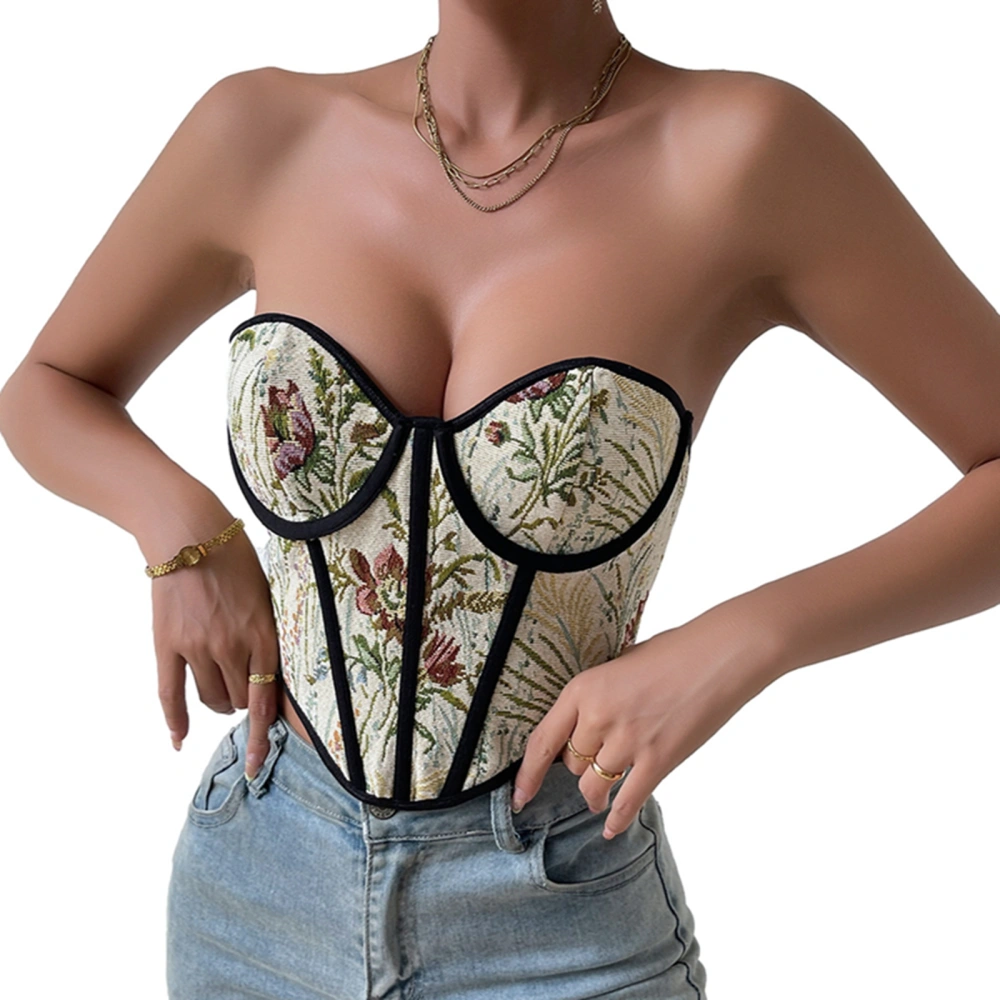 Women's Summer Slim Tube Tops, Floral Embroidered Jacquard Low Cut Sleeveless Strapless Bandeau Crop Corset Tops