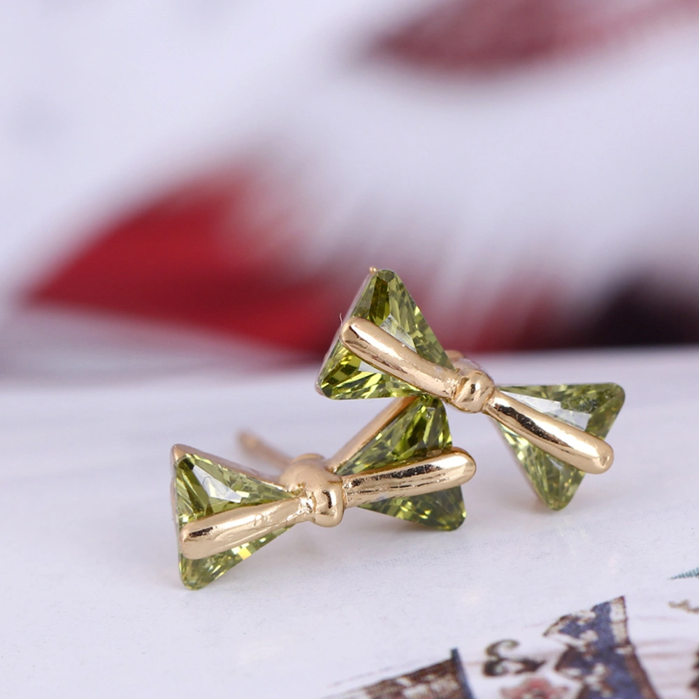 1 Pair of Bow Gold Filled Crystal Small Stud Earrings Fashion Eardrop(Olive Green)