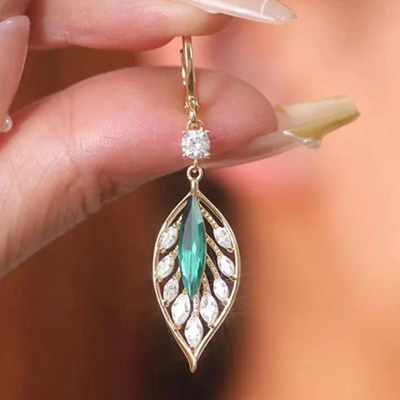 Shining Zircon Green Leaves Ear Clip Trendy Elegant Earrings