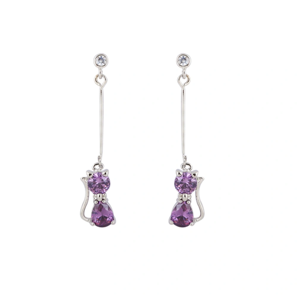 Pair of Cat Shaped Women's Girls Zircon Decored Eardrop Earrings Ear Studs (Purple)