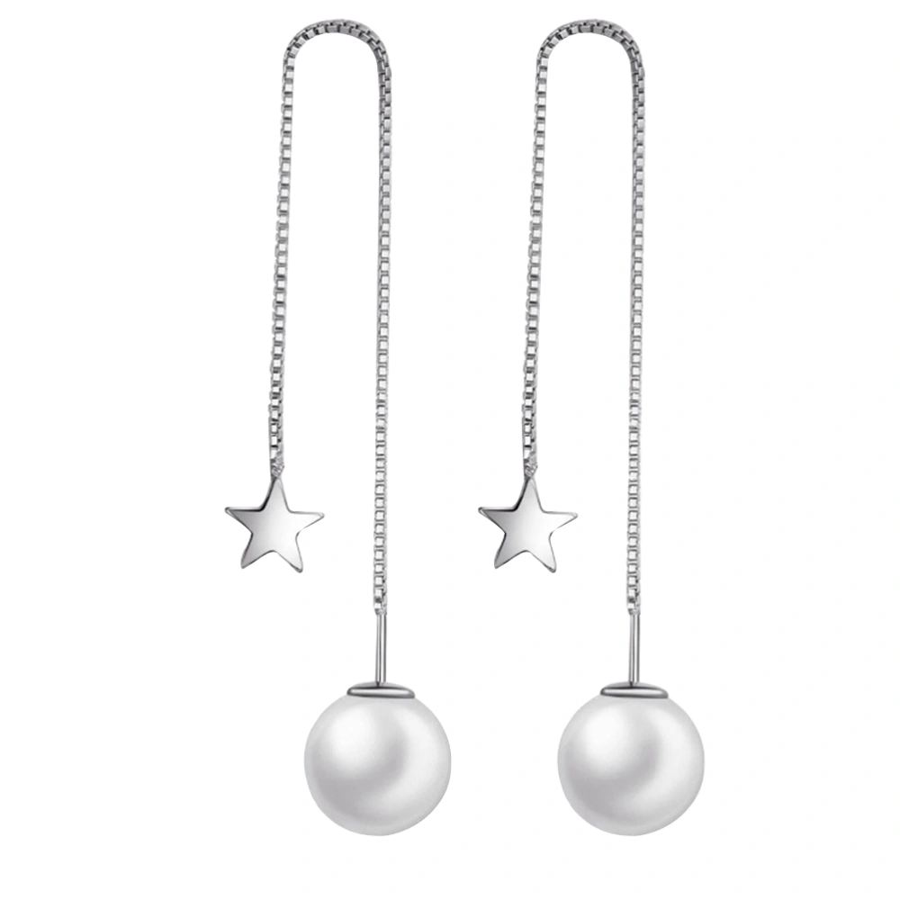 Fashion Silver Long Tassel Ear Line Star Pearl Drop Earrings for Women