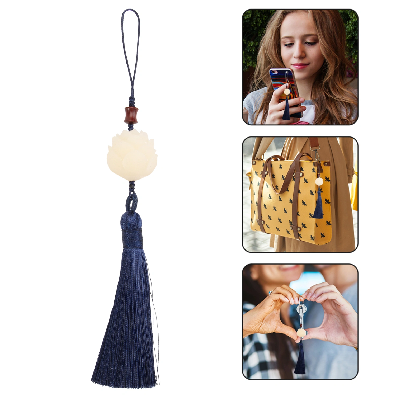 1pc Phone Case Pendant Chinese Style Retro Bodhi Lotus Tassel Decor Phone Cover Bag Hanging Ornament (Blue)