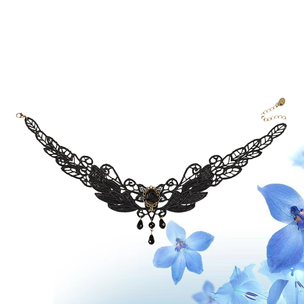 Vintage Gothic Lace Crystal Necklace Neck Accessaries Charming Fashion Elegant for Women Ladies (Black)