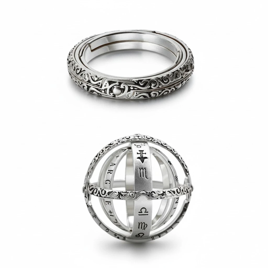 Retro Astronomical Sphere Ball Ring Foldable Cosmic Finger Ring Couple Lover Jewelry Gifts (Silver, NO.8)