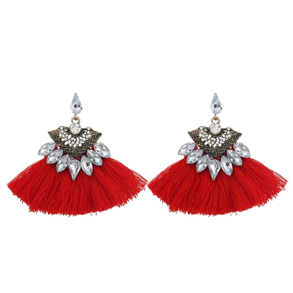 1Pair Women Ethnic Fan Tassel Earrings Crystal Beaded Fringe Dangle Earrings Beaded Stud Statement Drop Earrings (Red)