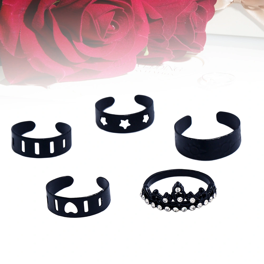 5pcs Fashion Ring Set Finger Rings Adjustable Hollow Open Rings Statement Jewelry (Black)