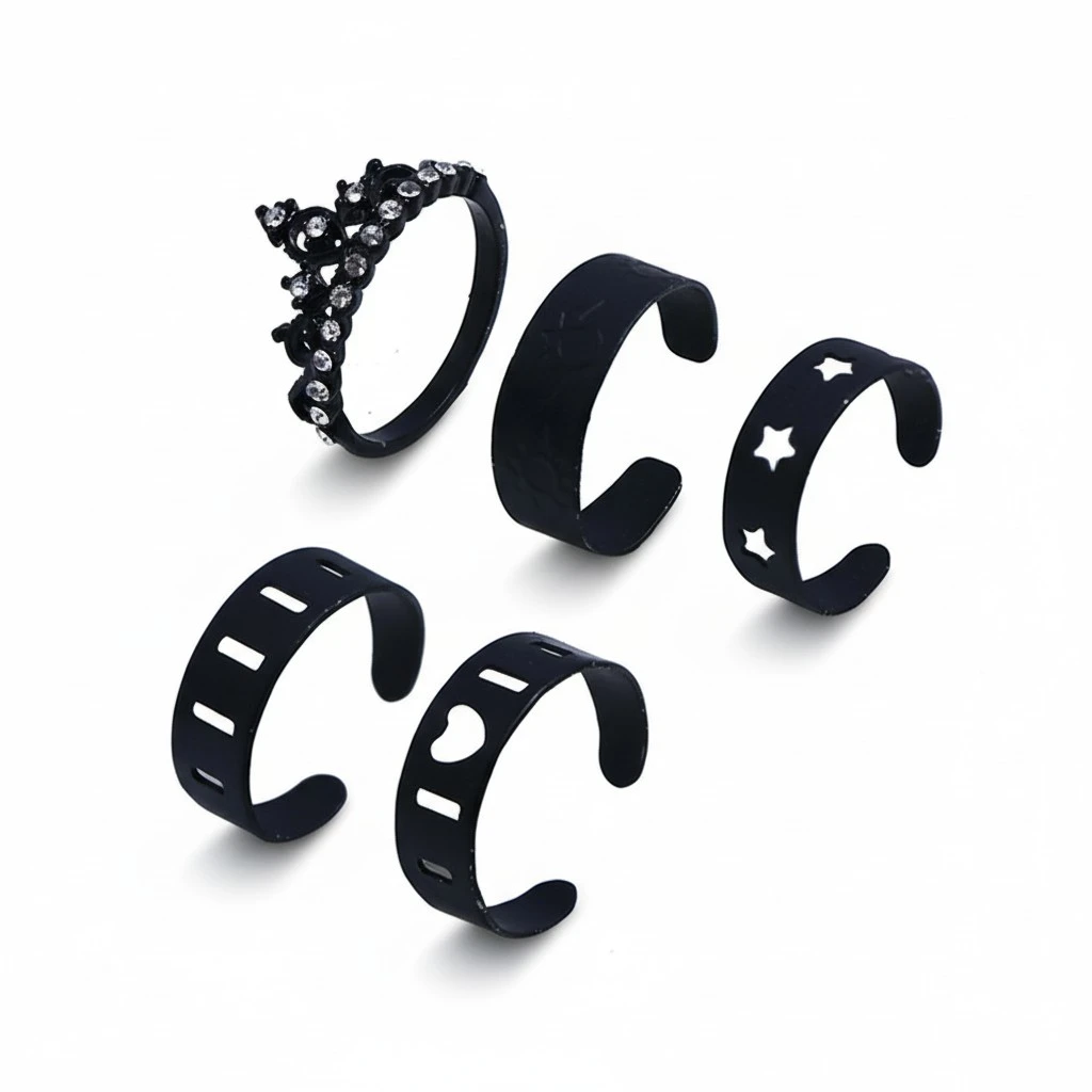 5pcs Fashion Ring Set Finger Rings Adjustable Hollow Open Rings Statement Jewelry (Black)