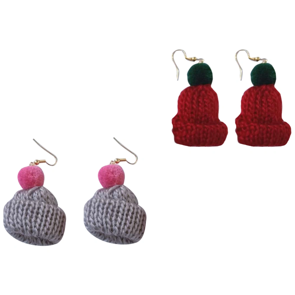 2 Pair Creative Christmas Knit Hat Earrings Delicate Christmas Themed Eardrop for Woman Girl (Red and Gray One for Each)