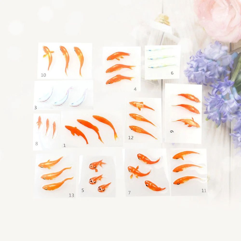 12 Sheets 3D Small Goldfish Sticker DIY Crystal Epoxy Goldfish Sticker Creative 3D DIY Goldfish Decals Decorative 3D Goldfish Sticker for Home Mall