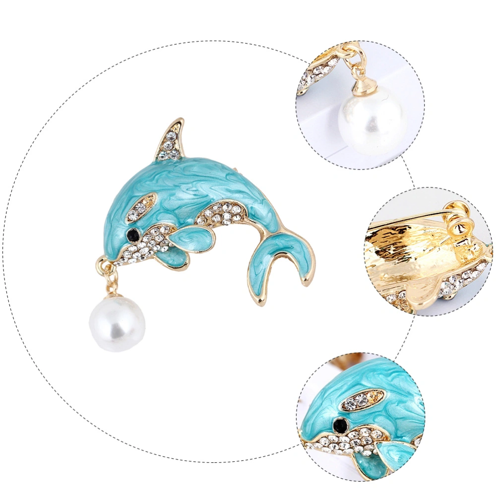 1Pc Delicate Dolphin Shape Fake Pearl Design Brooch Alloy Women Brooch (Blue)