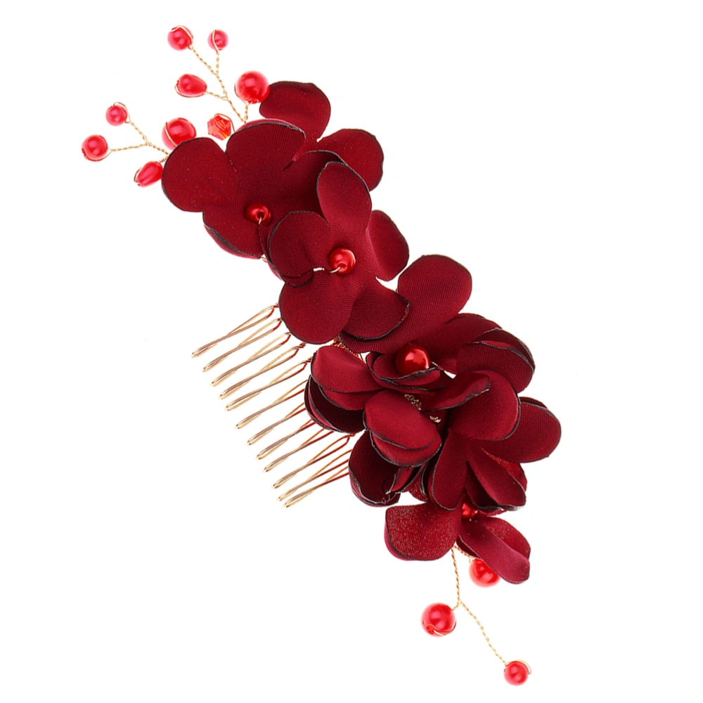 1PC Cloth Flower Hair Side Comb Imitation Floral Beads Decor Hair Comb Hair Accessory for Women (Red)